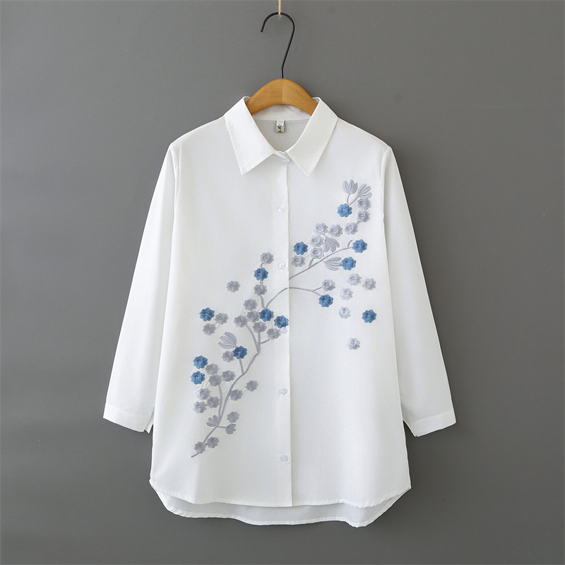 Embroidery Cotton Shirt - Women Plus Size Long Sleeve Cotton