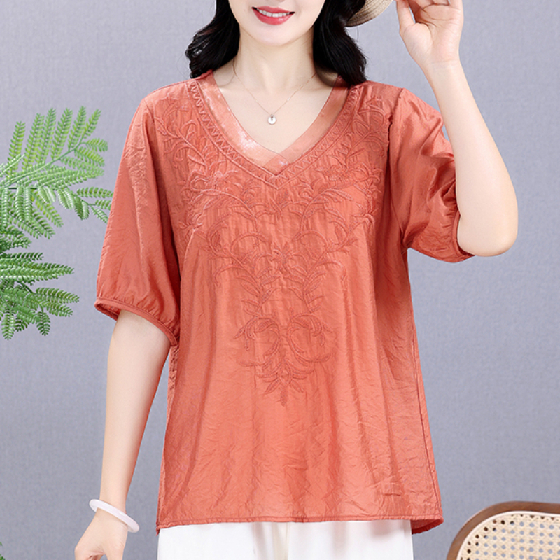 Embroidery Cotton Shirt - Summer Elastic Tee Shirt Solid Cotton