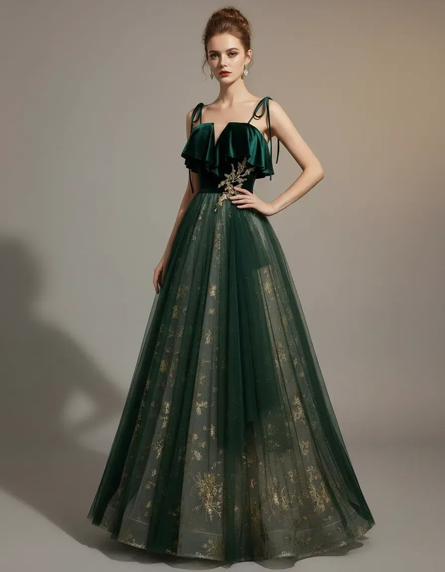 Emerald Green Velvet Top Tulle – обзор и цена Embroidery Gold