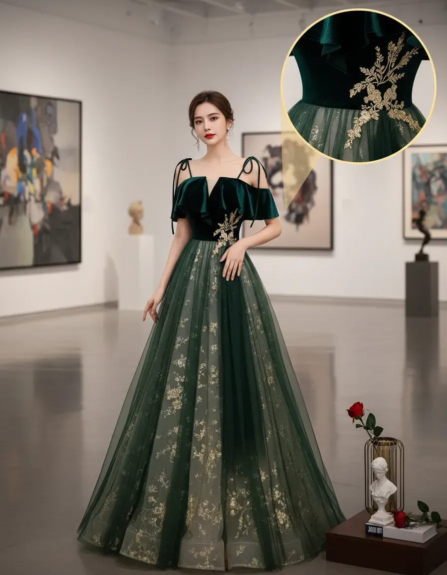 Emerald Green Velvet Top Tulle – обзор и цена Embroidery Gold