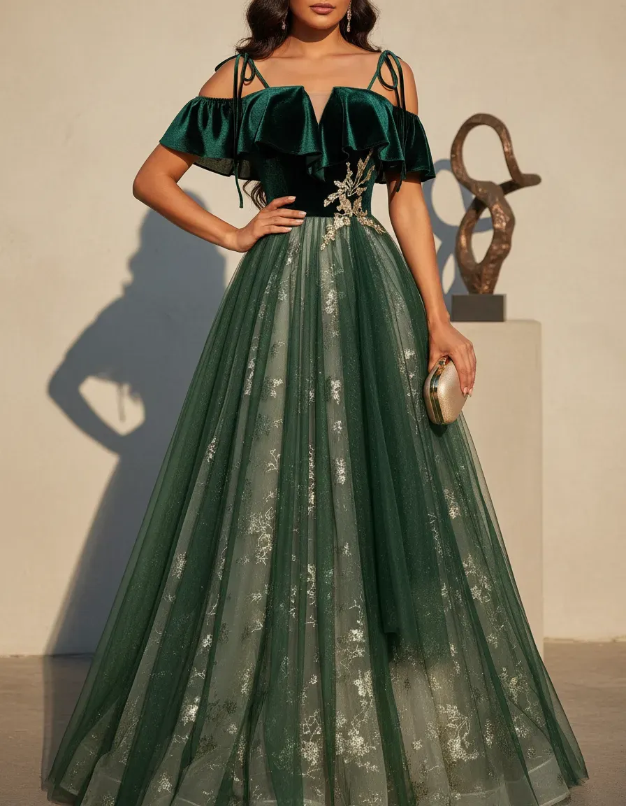 Emerald Green Velvet Top Tulle – обзор и цена Embroidery Gold